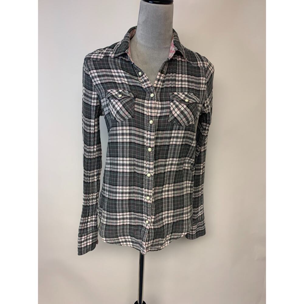 American Eagle Outfitters Blouse  Grey Plaid Western Cowgirl Ranch Womens SZ 6